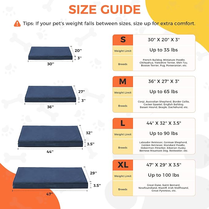 Outdoor Dog Bed Large Sized Dog, Waterproof Dog Bed Large, 44x32x3.5 Inch, Orthopedic Dog Bed with Removable Washable Cover, Flat Rectangle Pet Crate Pad for Kennel, Cage, Outside, Navy Blue