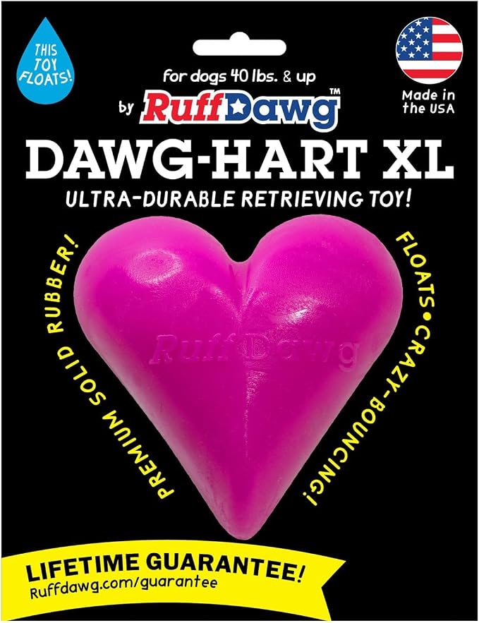 Ruff Dawg Indestructible Dawg-Hart (Heart) XL 4” – Heavy-Duty Solid Rubber Dog Fetch Toy for Dogs 40 lbs & Up – Floats & Crazy Bounce – Made in USA – Assorted Neon Colors