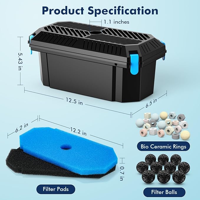 POPOSOAP Pond Filter for Outdoor Ponds, Filter Box with 2 Filter Pads and 20 Bio-Balls for Outdoor Pond Pump Submersible Fountain Pump