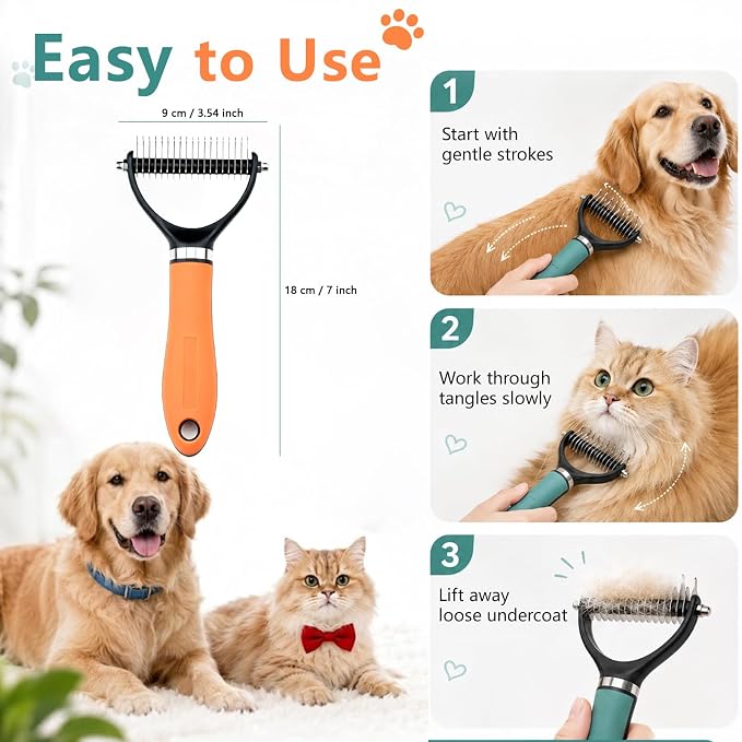 Dog Brush and Cat Deshedding Rake, Pet Grooming Tool for Shedding with Rounded Stainless Steel Teeth, Comfortable Grip for Long or Thick Coats (Orange+Green)