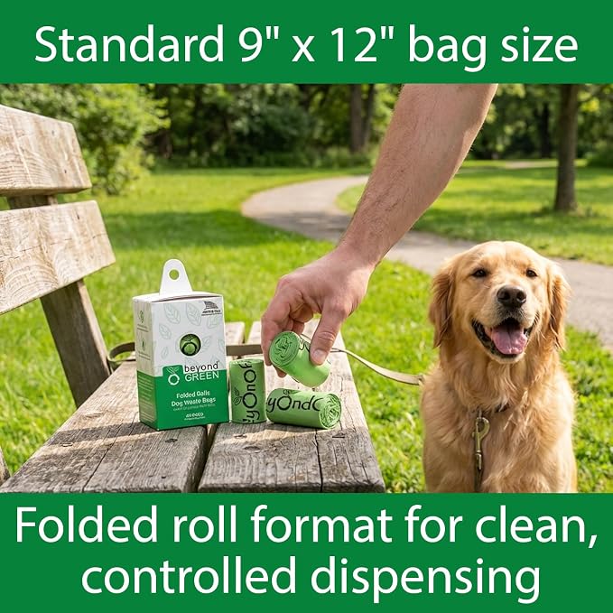beyondGREEN Dog Waste Bags, 90 Count (6 Folded Rolls), Green Dog Poop Bags, 9 x 12 Inch Bags, Easy Dispensing Rolls, Made in USA