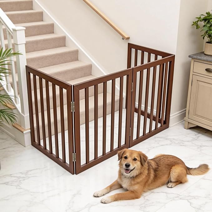 Dog Gate Indoor, Freestanding Dog Fence for The House, Doorways, Hallways,or Stairs,Pet Gate Foldable Wooden,Expandable 32" Height 6 Panels,Brown