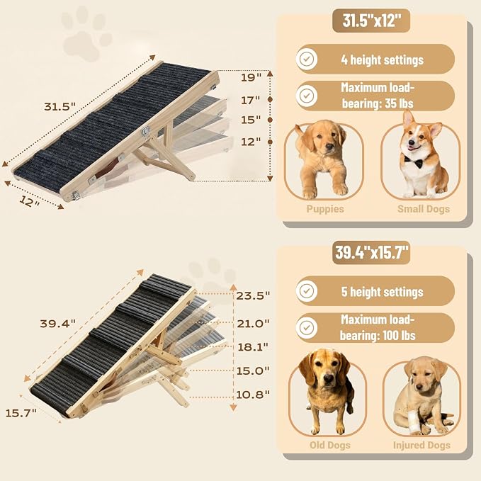 Dog Ramp for Couch & Bed for Dogs, Foldable Small to Large Dog Ramps for Sofa - 39.4" LX15.7 W, 5 Adjustable Height, Portable, Wider and More Stable, Non-Slip, Carry Handle, Wood