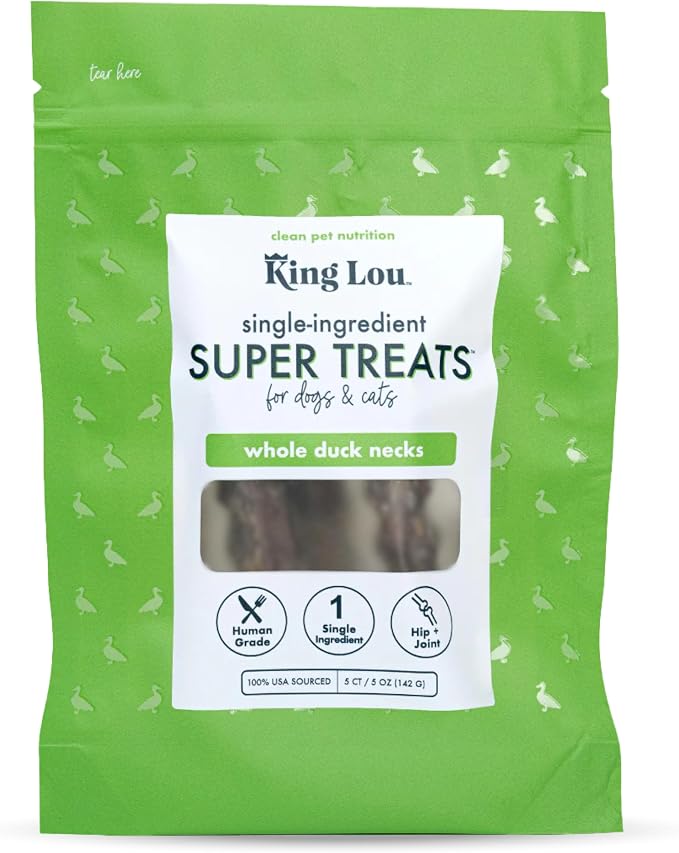 King Lou Pets - Whole Duck Necks for Dogs & Cats - Dehydrated Dog Treats - USA-Made Dental Chews for Dogs - Protein-Rich Collagen Snacks, 5 Count