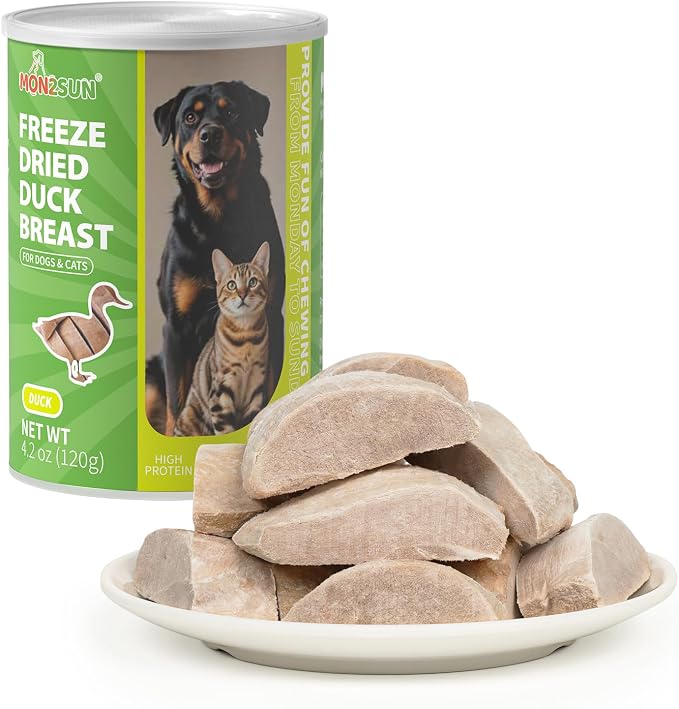 MON2SUN Freeze Dried Duck Breast Treats for Dogs & Cats - Whole Cut Chunks, Single Ingredient, High Protein, Grain Free Food Topper & Training Snacks, 4.2oz