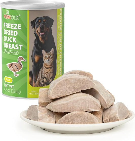 MON2SUN Freeze Dried Duck Breast Treats for Dogs & Cats - Whole Cut Chunks, Single Ingredient, High Protein, Grain Free Food Topper & Training Snacks, 4.2oz