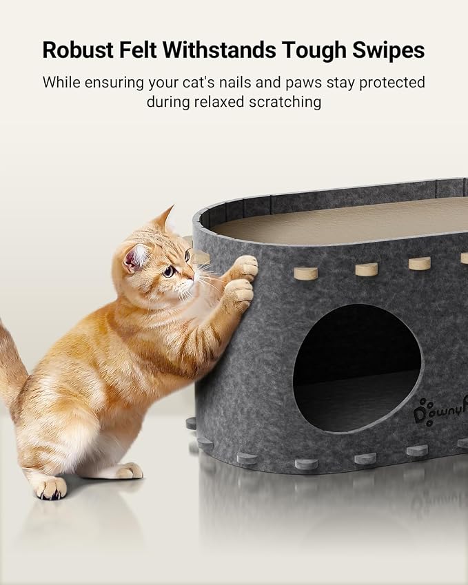 DownyPaws Cat House for Indoor Cats, Cat Bed Cave for Multiple & Large Cats Up to 22 Lbs, Scratch Resistant Peekaboo Cat Caves, Foldable Cat Tunnel Enclosed Bed, PeekaPurr, Cream and Sesame Gray