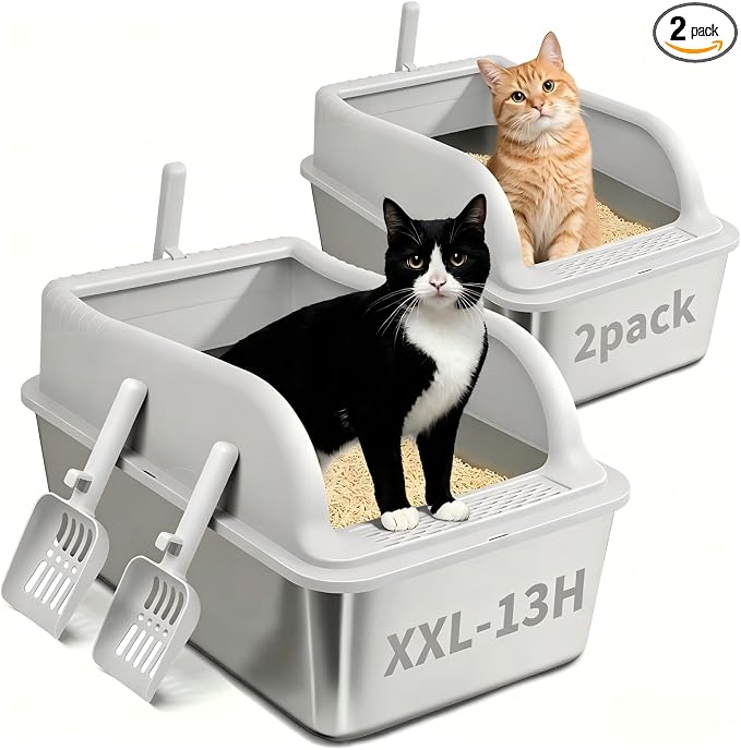 2PACK Stainless Steel Litter Boxes with Lid Extra High Sides, XXL Metal Litter Boxes for Big Cats, Odor Free Litter Pan Include Scoop, Leak-Proo, Stain-Free, Rust-Free, Easy to Clean, Non-Sticky