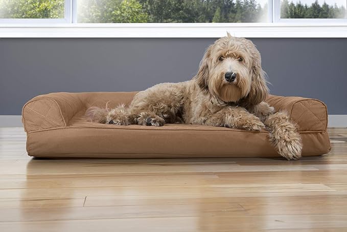 Furhaven Cooling Gel Dog Bed for Large/Medium Dogs w/ Removable Bolsters & Washable Cover, For Dogs Up to 55 lbs - Quilted Sofa - Toasted Brown, Large