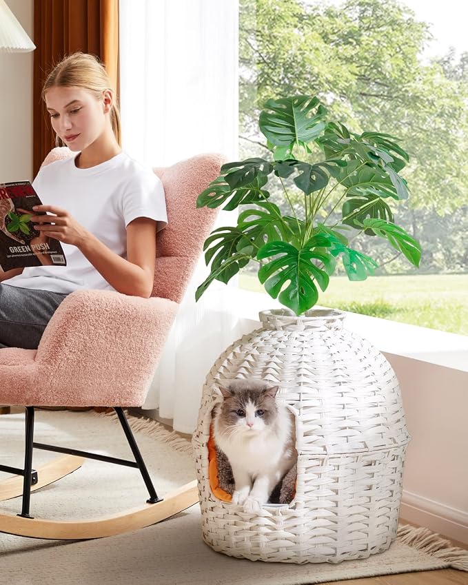 SETVSON Cat Litter Box Plant Enclosure, Hidden Handwoven Rattan with Cat Litter Box Furniture and Artificial Plants, Odor Control Filter, Real Stones in Living Room, Bedroom, Corner (White)
