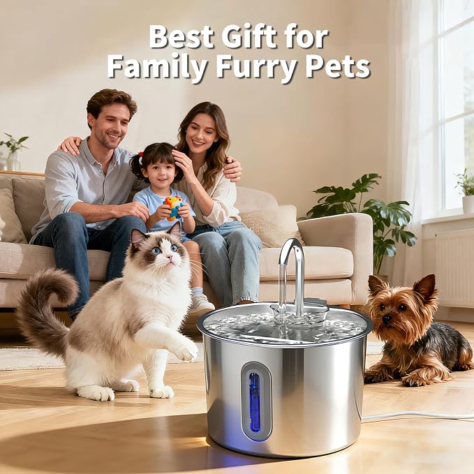 Stainless Steel Cat Fountain - 2.2L/74oz Ultra-Quiet Drinking Automatic Pet Water Fountain with Replacement Filters Cat Water Fountain with LED Window for Cats and Small Dogs