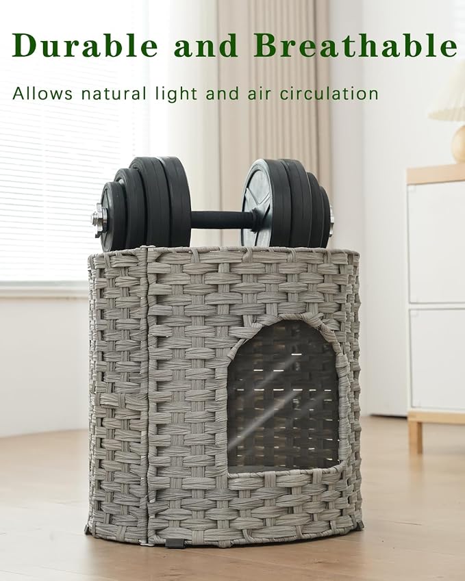 SETVSON Cat House for Indoor Cat, Large Double Cat Houses Cat Bed Cave, Handwoven Rattan Pet Beds with One Soft Pad, 17 x 17 x 17 Inches Foldable Kitten Hideaway in Living Room Gray