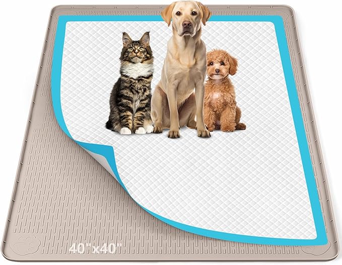 Pee Pad Holder for Dogs, 40" x 40" Silicone Pee Tray Mat Leak-Proof, High Edge, No Spill Pet Pad Holder for Puppy, Cat, Rabbit, Training Pads for Floor Protection, No Pee Pads (Khaki)