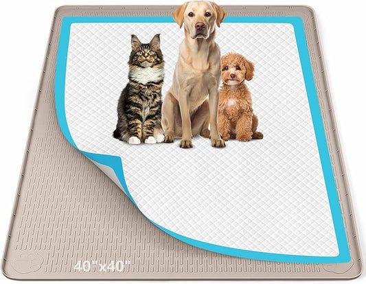 Pee Pad Holder for Dogs, 40" x 40" Silicone Pee Tray Mat Leak-Proof, High Edge, No Spill Pet Pad Holder for Puppy, Cat, Rabbit, Training Pads for Floor Protection, No Pee Pads (Khaki)
