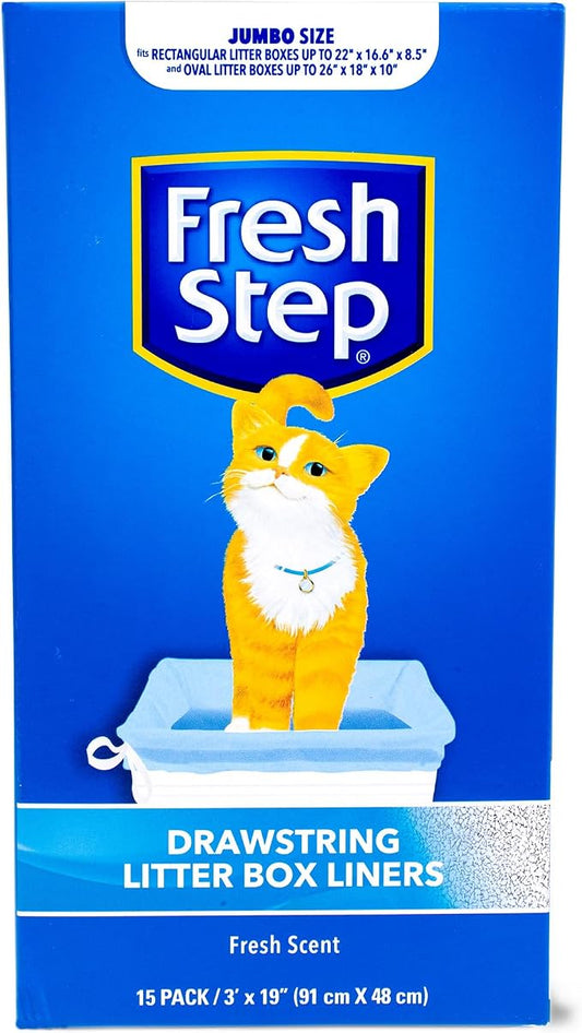 Fresh Step Jumbo Drawstring Cat Litter Box Liners Scented Heavy Duty Kitty Litter Bags for X-Large Oval or Rectangle Pans Easy Lift Out Cleanup 36 x 19 IN 15 Count Single Box Daily Box Changes