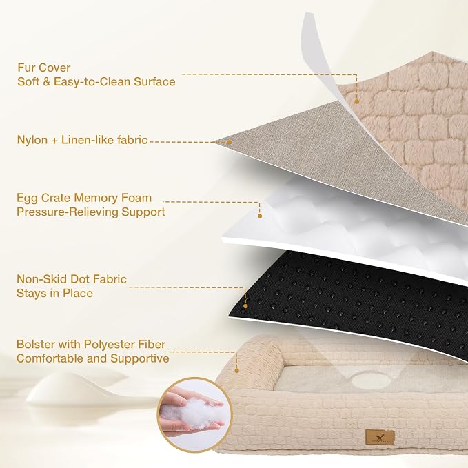 Plush Orthopedic Dog Bed for Medium Large Dogs, Memory Foam Bolster Sofa Bed with Removable Washable Cover, Waterproof Lining & Non-Slip Bottom (Tan-L)