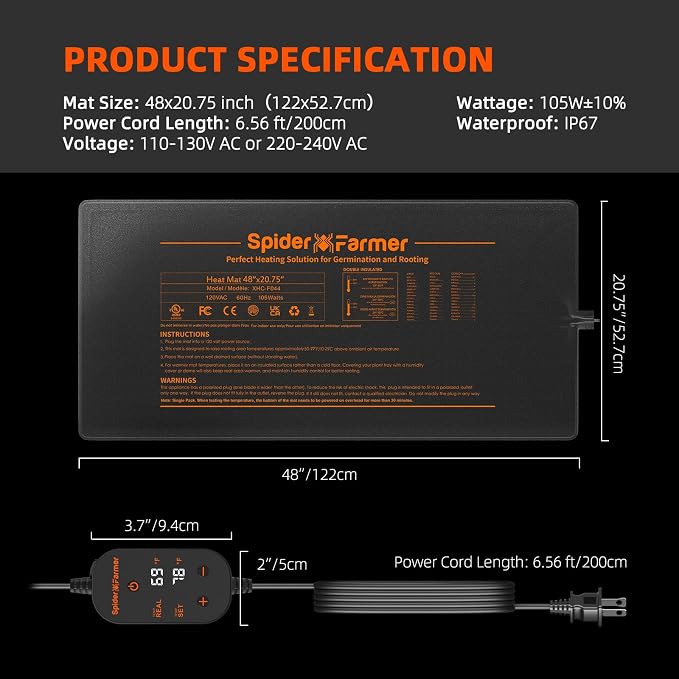Spider Farmer Seedling Heat Mat 48"x20.75" Waterproof Plant Heating Pad with Built-in Temperature Controller for Indoor Seed Starting Germination Hydroponics Cutting Clone, Greenhouses and Brewing