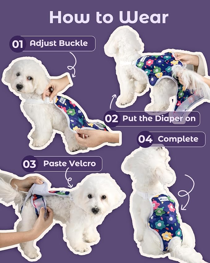 Pet Soft Dog Diapers Female Onesie Sanitary Pantie with Adjustable Suspender, Colorful Pattern Washable Puppy Diapers Female, Super Absorbent Underwear Dog Diaper for Heat (Floral, L)