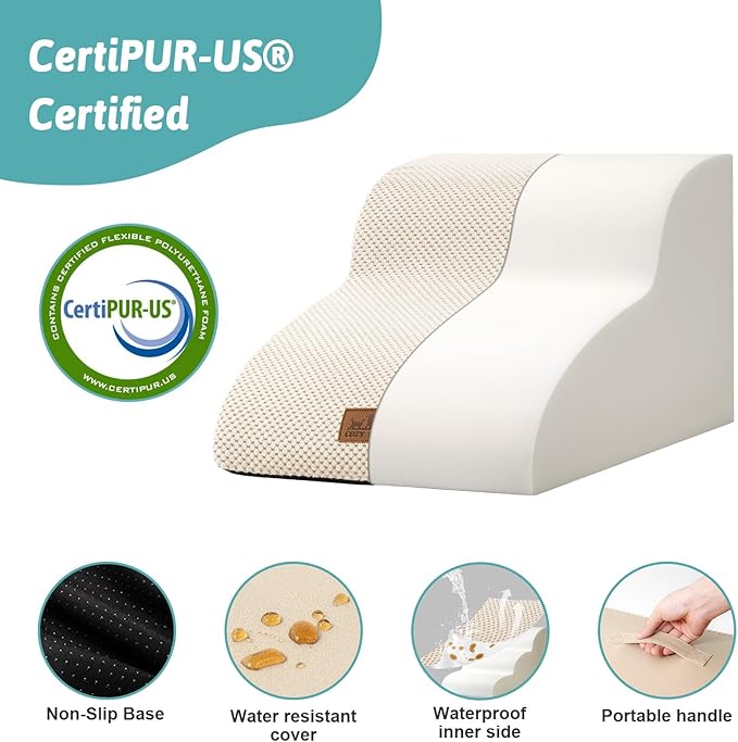 COZY KISS Dog Stairs for Small Dogs 11.8" H, Curved Dog Step for Puppy, Older Cat, Medium Pet Ramp for Sofa, Couch or Chair, Ladder with High Density Foam, 2 Step, Beige