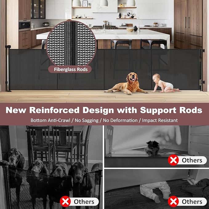 Reinforced 41" Tall × 150" Extra Long Retractable Baby Gate with Support Rods, Indoor Dog Gates for The House Extra Wide Retractable Gate Outdoor Retractable Dog Gate Tall Baby Gates for Dogs, Black