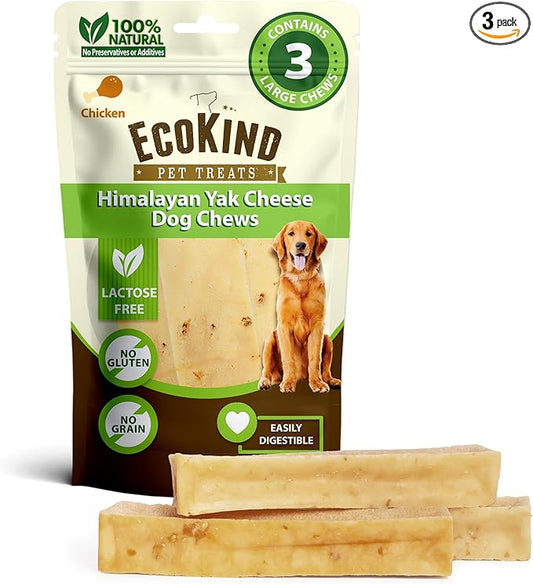 EcoKind Yak Cheese Himalayan Dog Chews, Yak Chews for Large Dogs, Long Lasting Bone for Aggressive Chewers, Only 4 Ingredients, Natural High Protein Dog Treats, No Additives, Chicken, Large - 3 Chews
