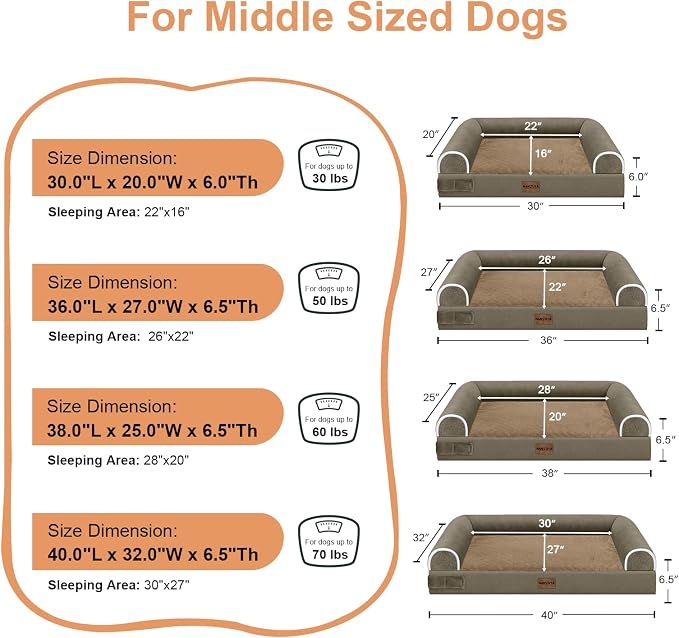 Large Dog Bed Orthopedic Washable: Beds Bolster XL Bed Large Big Dogs Egg Crate Foam Couch Sofa Waterproof with Removable Cover - Brown