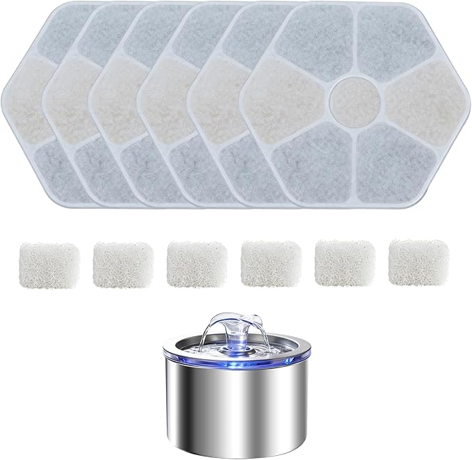 Cat Fountain Replacement Filter, 6 Pack Filters with 6 Pump Sponges for 2.2L/74oz Cat Water Fountain, Multi-Stage Filtration Pet Water Dispenser Filter, Flower Pet Fountain Filter