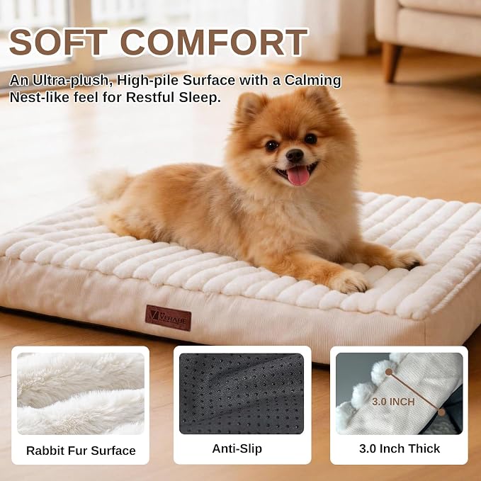 Orthopedic Dog Bed for Large Sized Dog, High-Density Egg Crate Foam, Plush Faux Rabbit Fur and Washable Removable Cover, Crate Bed with Non-Slip Base for Pets Up to 50 lbs, 35 x 22 x 3 Inch, Beige