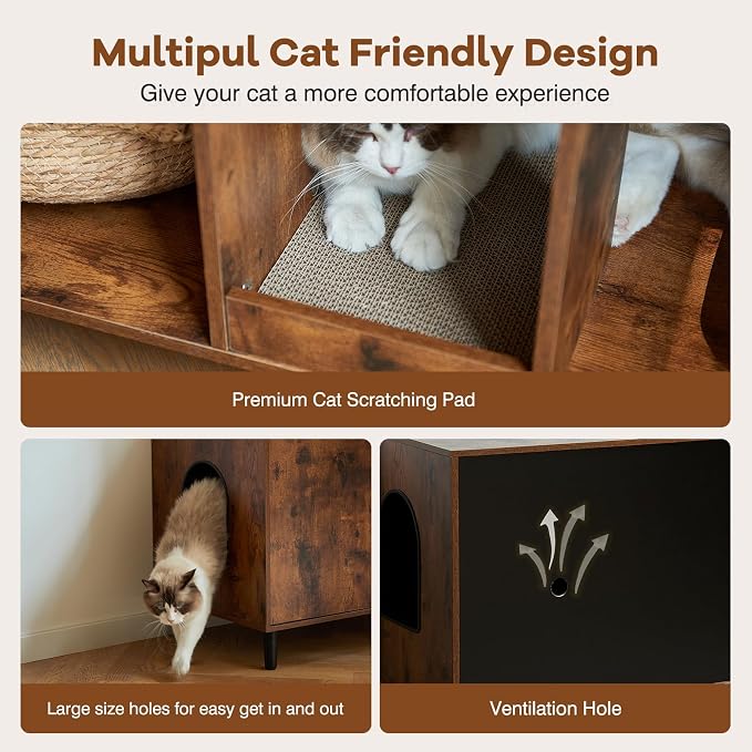Litter Box Furniture for 2 Cats - Farmhouse Cat Litter Box Enclosure Cabinet Hidden Double Room, 42.3" TV Stand Large Space for Standard Pan Litter Boxes, Vintage Brown