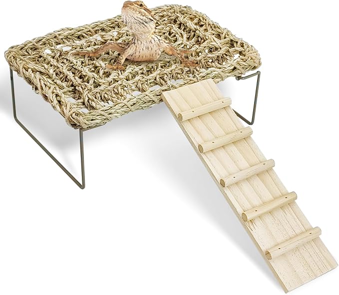 kathson Bearded Dragon Hammock with Ladder, Seagrass Reptile Basking Hammock with Metal Legs, Adjustable Lizard Bed Tank Accessories Decor for Amphibian Gecko Snake Hermit Crab Chameleon Climbing