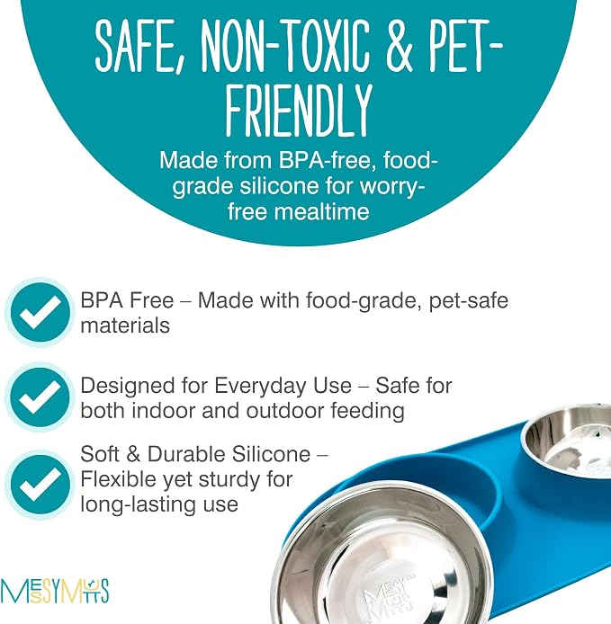 Messy Mutts Double Silicone Feeder with Stainless Bowls | Non-Skid Food Dishes for Dogs for All Pets | Dog Food Bowls | Medium, 1.5 Cups Per Bowl | Blue