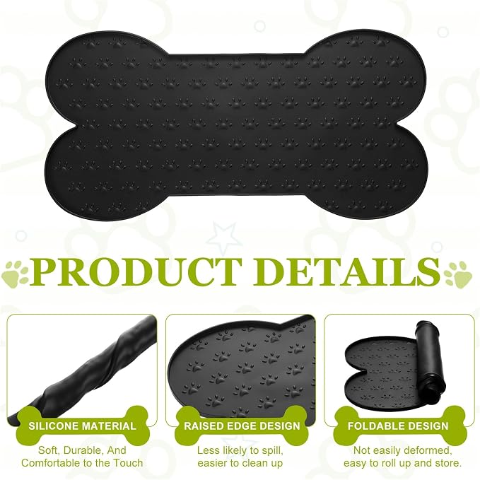 Dog Food Mat, 20x10 Inch Silicone Pet Feeding Mat Non-Slip Bone Shaped Waterproof Dog Water Bowl Tray Raised Edge Protects Floors (Black), Intended for Pets Bowl/Fountain