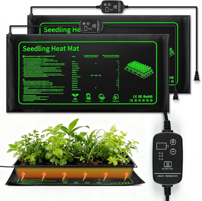 2 Pack Seedling Heat Mat with Thermostat Controller & Timer for Plants Seed Starting, Temp-Adjustable Waterproof 10"x 20" Warming Mat for Seed Germination, Indoor Growing, Hydroponic, Greenhouse