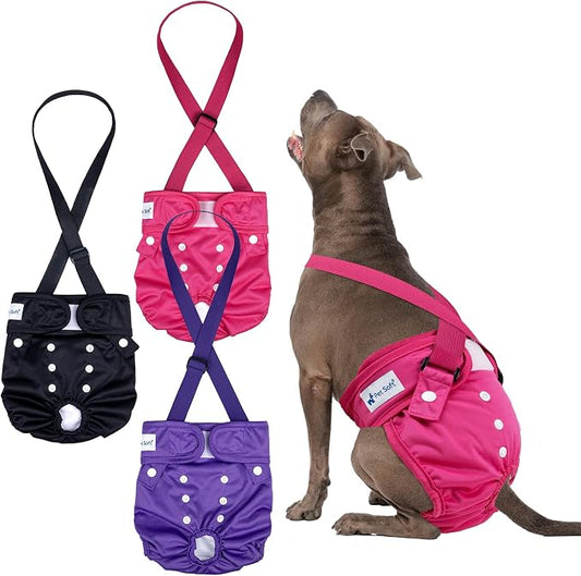 Pet Soft Dog Diapers Female with Suspenders, 3 Pack Reusable Female Dog Diapers for Heat, Dog Period Panties for Doggie in Cycle(Large, Berry Mix)