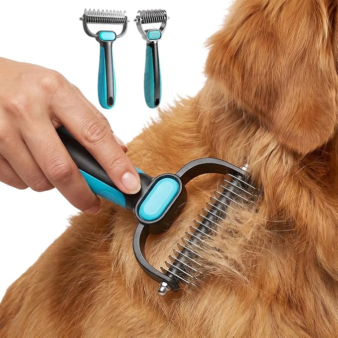 Double-Sided Pet Grooming Rake, Extra Wide Deshedding Tool for Long Hair Dogs & Cats, 2-in-1 Undercoat Rake with Stainless Steel Teeth, Pet Comb for Loose Hair (Large+Small-2PCS)
