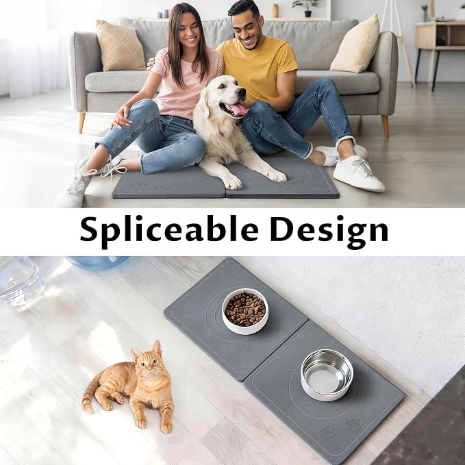 Stone Dog & Cat Food Mat, Bite-Proof Non-Slip Large Diatomaceous Pet Feeding Mat for Puppy Cat, Summer Cooling Quick Drying Dog Cat Water Bowls Mat for Protect Floor (Dark Grey 24" x 16")