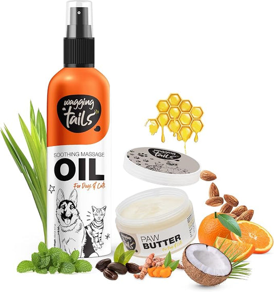 Wagging Tails Pet Care Bundle: 6-in-1 Soothing Oil & Paw Butter for Dogs & Cats | Natural Ingredients for Coat Shine, Softness, and Healing Paws | Includes Coconut Oil, Vitamin E, Turmeric