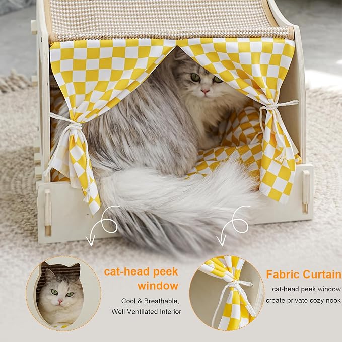 VARMTOR Cat House Indoor, Cat Cave, Modern Kitten Bed with Scratch Pad and Fluffy Ball, Wooden Frame with Cushion and Curtains (M, Double-Layer)