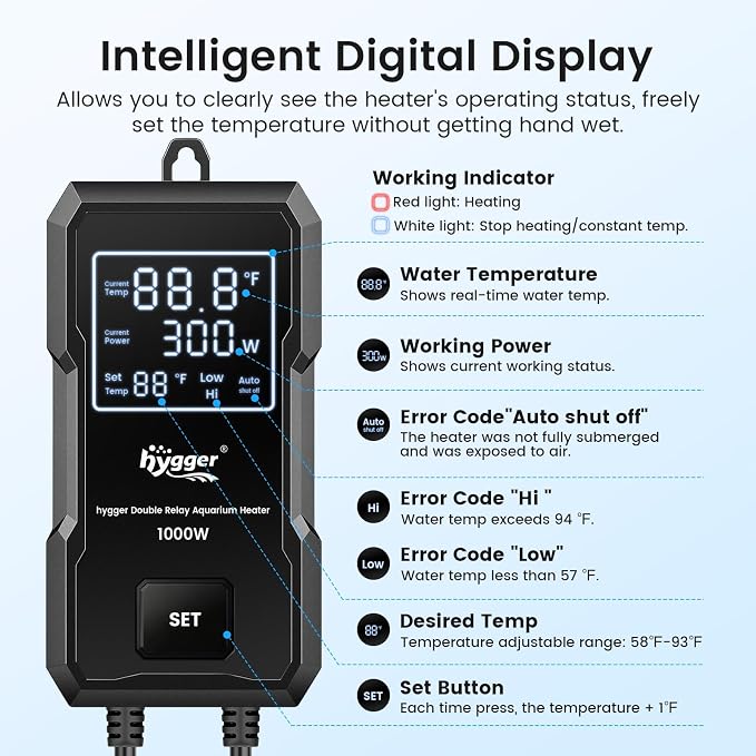 hygger 1000W Aquarium Heater, Upgraded Submersible Fish Tank Heater with Dual Protection System & LED Digital Display, with Automatic Power-Off Function, for 130-260 Gal Freshwater and Saltwater Tank