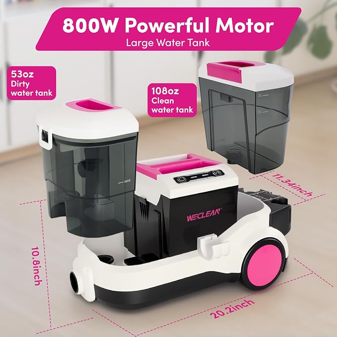 WECLEAN C4 Portable Carpet Cleaner Machine, Stand Up Upholstery Cleaner with 18KPa Powerful Suction, 800W Spot Cleaner for Pet Stains, Carpet, Rug, Couch and Car Interior, Dual Tank System, Pink