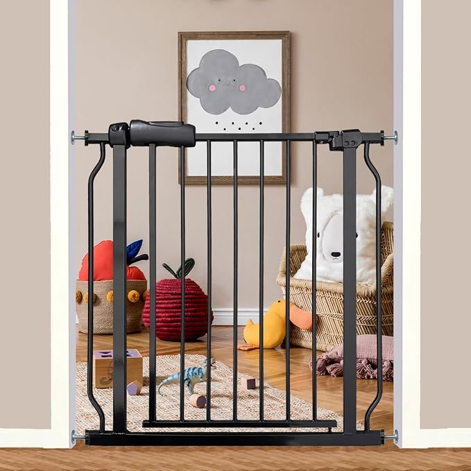 Baby Gate for Stairs and Doorways, 29-34" Dog Gates for The House, Pressure Mounted Indoor Pet Gate with Walk Thru Door, Auto Close Child Safety Gate, Black
