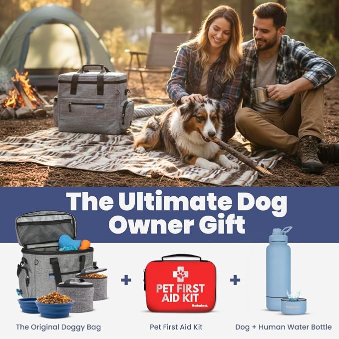 The Original Doggy Bag™ - Complete Dog Travel Bag for Supplies with 2 BPA-Free Travel Dog Bowls & 2 Pet Food Containers - Traveling Kit for Road Trips, Camping, Weekend Away or Doggy Gift: Grey