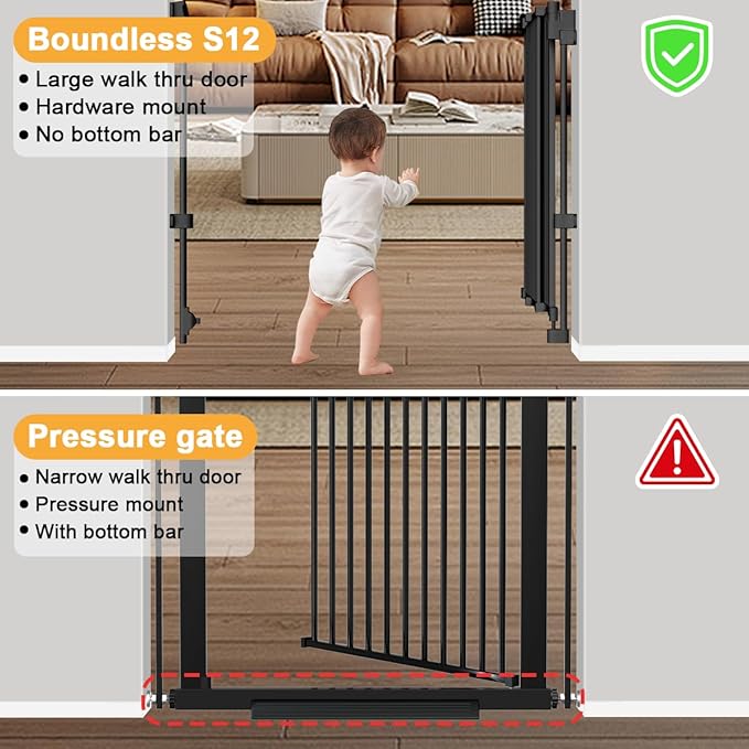 DEARBB 29.5-43.3" No Bottom Bar Baby Gate Large Walk Thru Door Auto Close Safety Wall Mount Metal Dog Gate Stairs House and Doorways Elders and Pets-Black (Black, 29.5-43.3" W x 29.5" H)