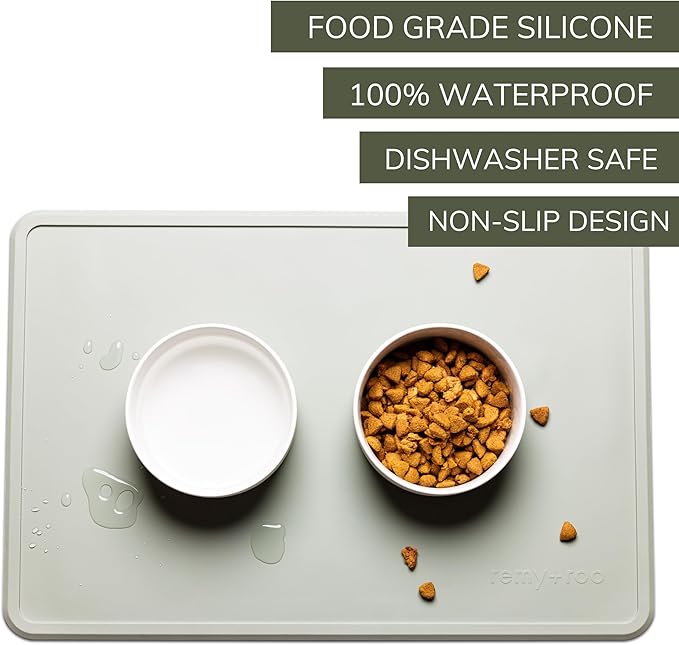 Remy+Roo Sage Silicone Dog Food Mat for Pet Bowl | 23.6" x 15.7" | 100% Waterproof | Non-Slip | Dishwasher Safe