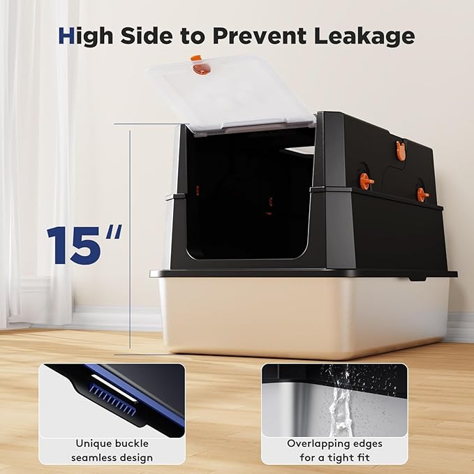 FURTIME Stainless Steel Litter Box with Lid, XL Extra Large Enclosed Cat Litter Box for Big Cats, Metal Cat Box with High Sided Enclosure & Scoop, Front & Top Entry, Odor Free, Anti-Leakage, Black