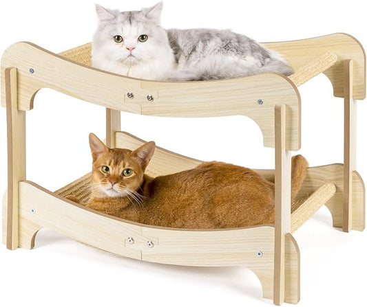 Two-Tier Sisal Cat Scratcher Bed Durable Cats Hammock Lounge for Scratching Pad, Wood Scratch Board for Indoor Kittens & Adult Cats, Easy Assembly Cats Furniture