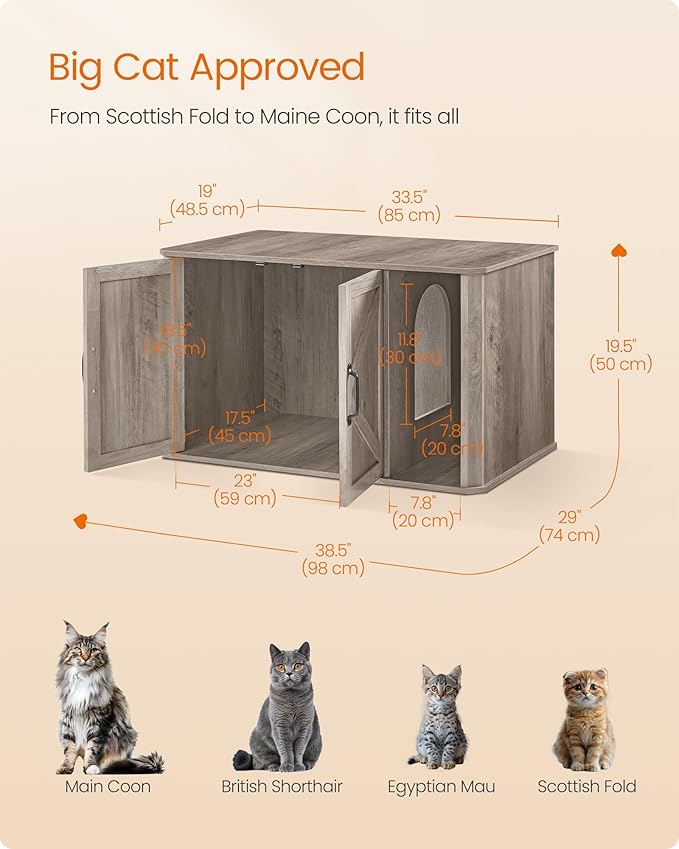 Feandrea Litter Box Enclosure, Modern Cat Litter Box Furniture Hidden, Front Entry, Double Doors, Handles, Cat House, Side End Table, 33.5 x 19 x 19.5 Inches, Heather Greige UPCL012G01
