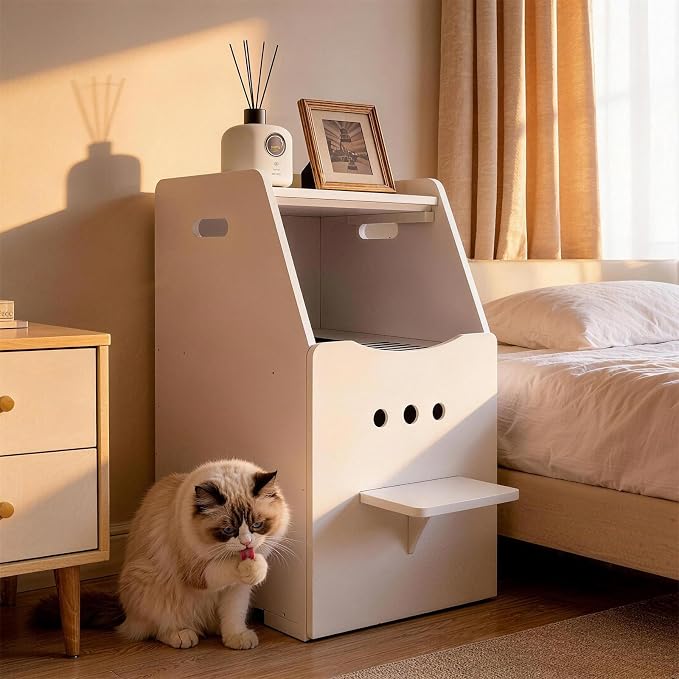 Cat Litter Box Enclosure Furniture, Wooden Top Entry Design & Litter Filter Baffle, Fully Enclosed Bottom Door Hidden Cat Washroom, Fits Large Litter Boxes for Living Room/Bedroom/Entryway, White