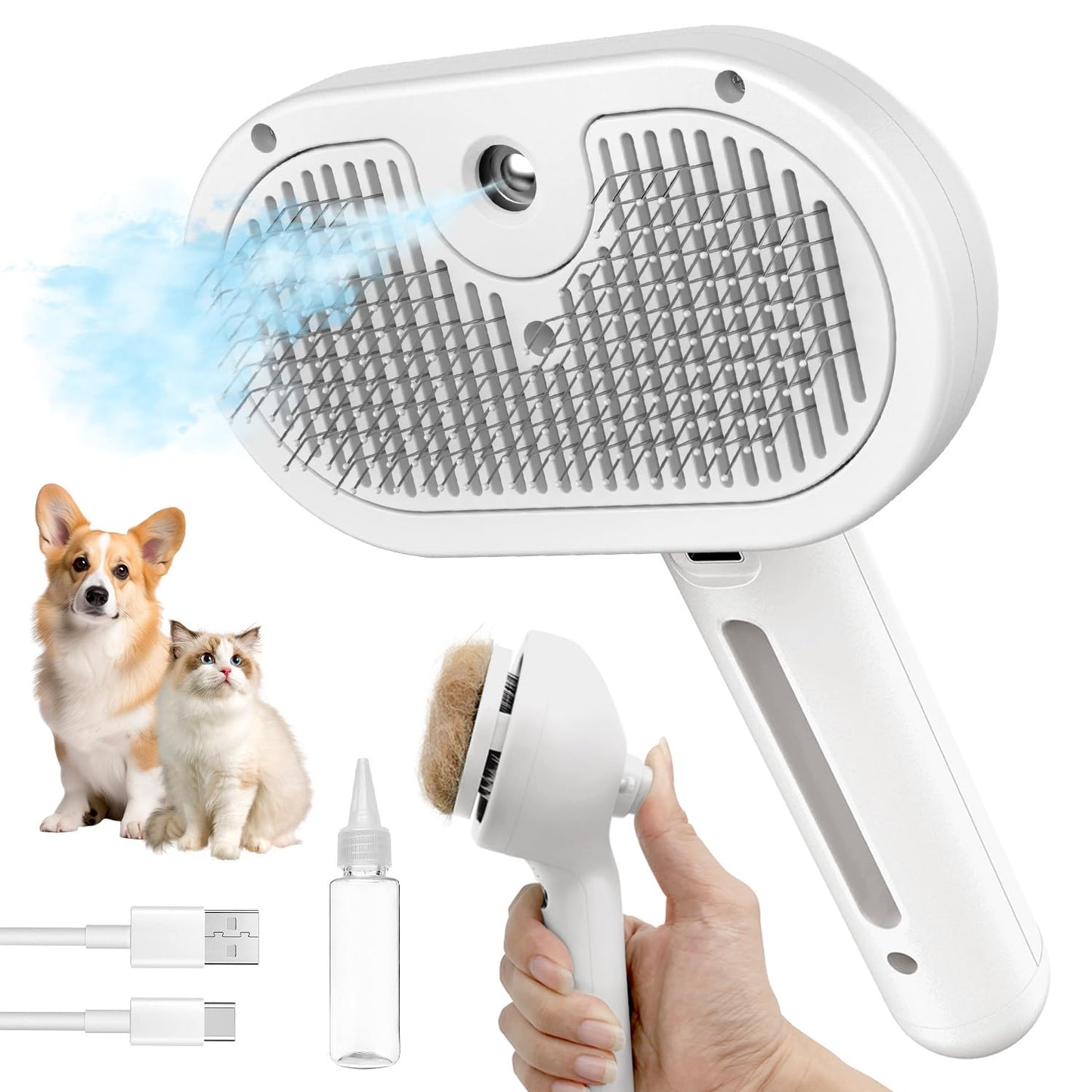 3 In 1 Self Cleaning Steamy Pet Brush - Anti-Static, Grooming Tool for Long and Short Hair Pets, Removes Loose Hair and Reduces Shedding, White