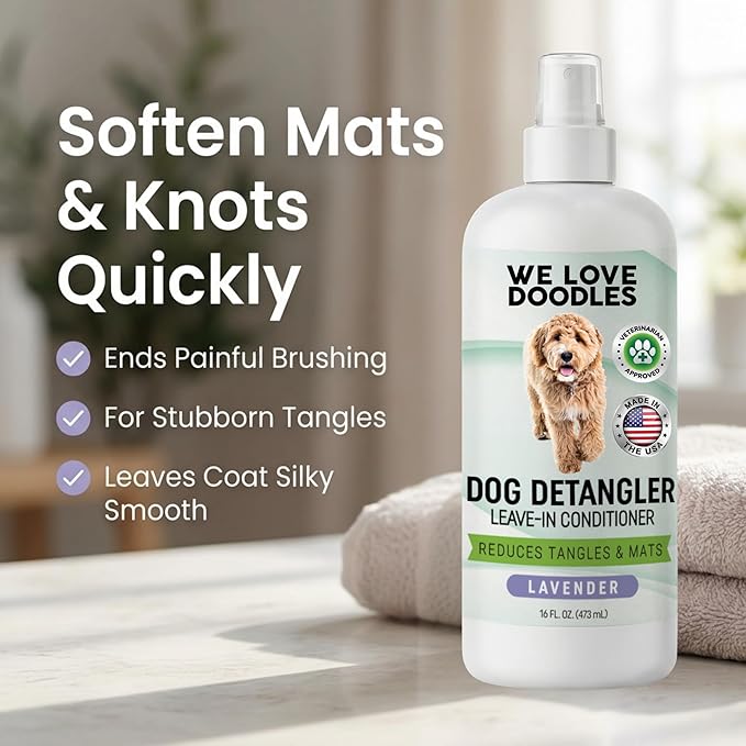 We Love Doodles Large Slicker Brush & Lavender Detangler Spray Pack - for Long-Haired Dogs, Dog Leave-In Conditioner for Reducing Mats, Knots & Tangles, Dematting & Conditioning Kit, 16 oz